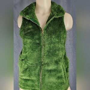LOMON Womens Fuzzy Sherpa Fleece Green Lightweight Vest Cozy Sleeveless Sz Small